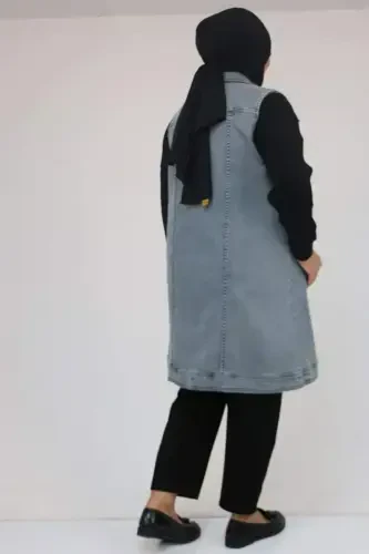 54007 Plus Size Double Pocket Pearl Embellished Denim Vest - Snow Wash Smoke - 3