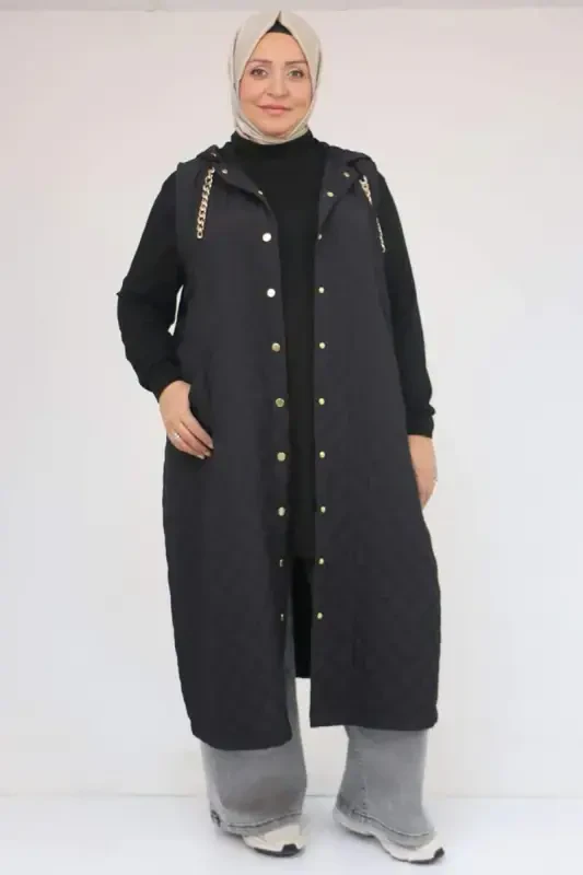 54008-1 Plus Size Chain Corded Modal-Quilted Vest - Black - BÜYÜKBEDENIZ