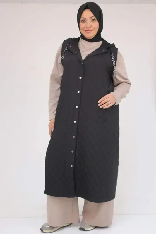 54008 Plus Size Chain Corded Modal-Quilted Vest - Black - BÜYÜKBEDENIZ