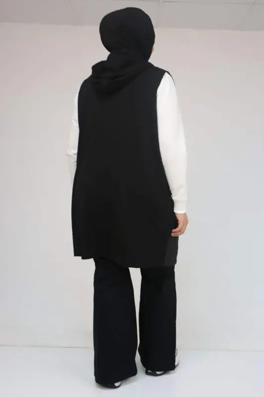 54011 Katta Razmer cho'ntaklari fermuarli modal - Kapitone Jilet - Qora - 3