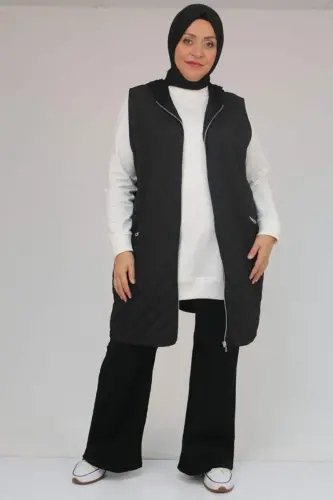 54011 Plus Size Pockets with Zipper Modal - Quilted Vest - Black - 1