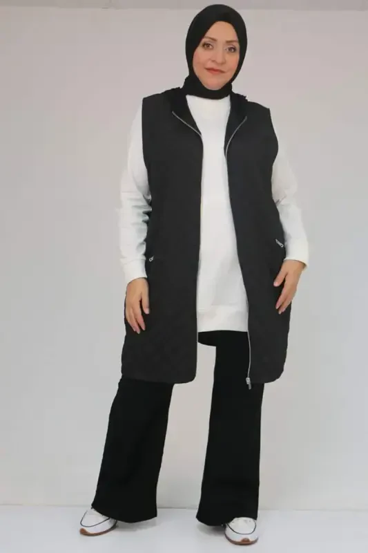 54011 Plus Size Pockets with Zipper Modal - Quilted Vest - Black - 1