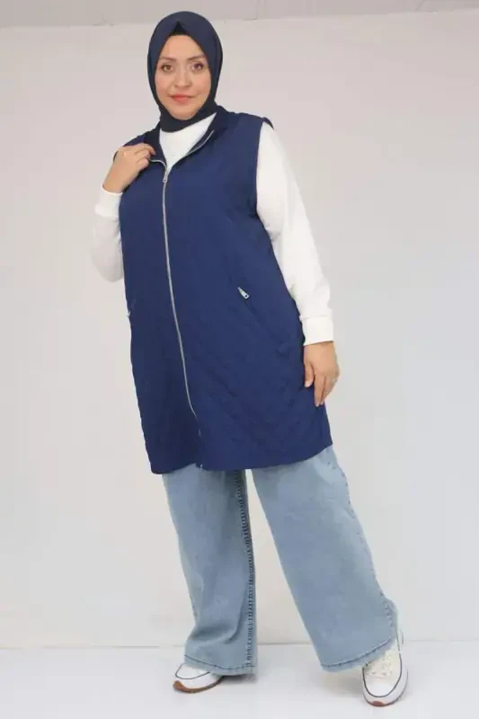 54011 Plus Size Pockets with Zipper Modal - Quilted Vest - Indigo - 1