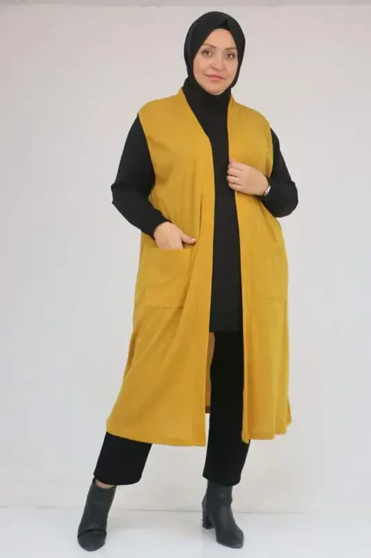 54012 Plus Size Pocketed Cover-Up Mir Vest - Mustard - BÜYÜKBEDENIZ