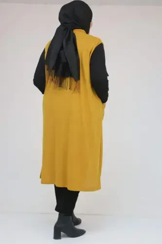 54012 Plus Size Pocketed Cover-Up Mir Vest - Mustard - BÜYÜKBEDENIZ (1)
