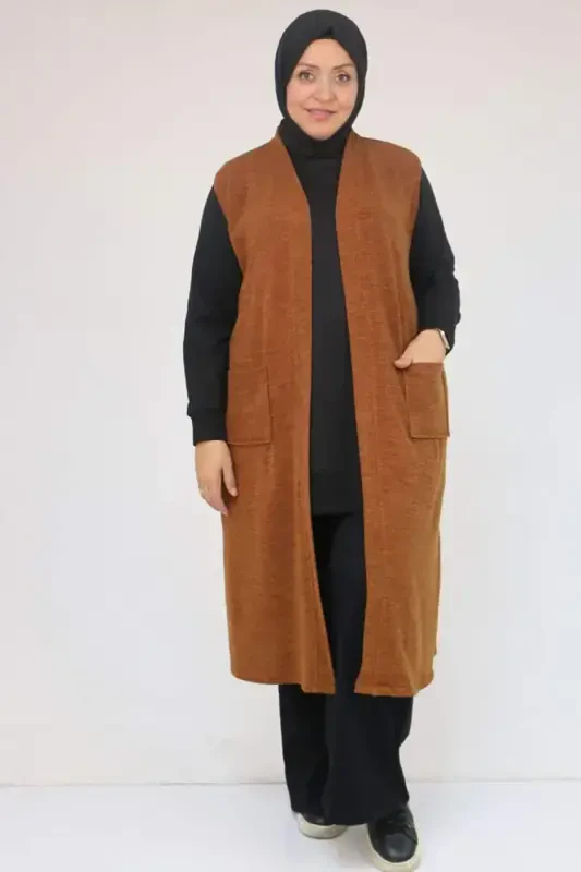 54012 Plus Size Pocketed Cover-Up Mir Vest - Tan - 1