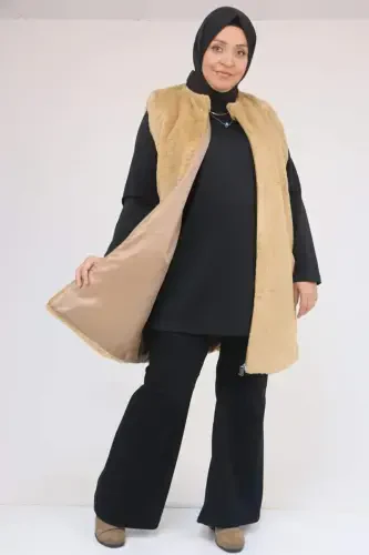 54013 Plus Size Pocketed Rabbit Lined Vest - Tan - 1