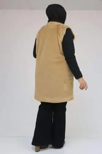 54013 Plus Size Pocketed Rabbit Lined Vest - Tan - BÜYÜKBEDENIZ (1)