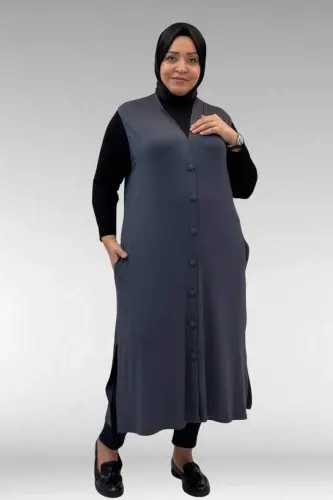 54017 Büyük Beden Kaplama Düğmeli Giy-Çık Penye Yelek - Antrasit - 1