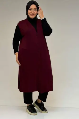54017 Büyük Bedenkaplama Düğmeli Giy-Çık Penye Yelek - Bordo - 1