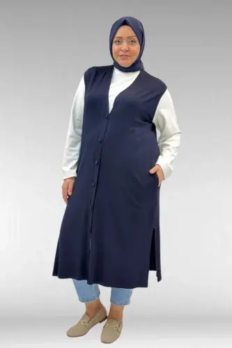 54017 Büyük Beden Kaplama Düğmeli Giy-Çık Penye Yelek - Lacivert - 1