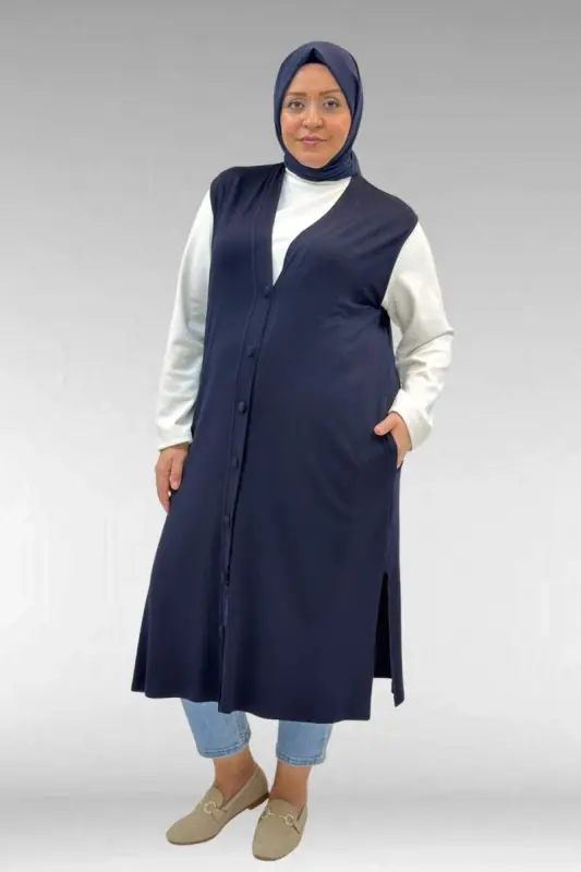 54017 Büyük Beden Kaplama Düğmeli Giy-Çık Penye Yelek - Lacivert - 1