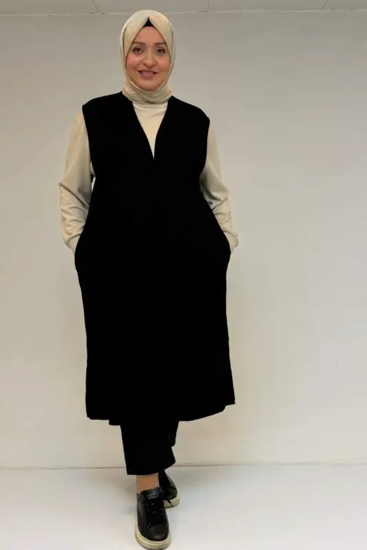 54017 Plus Size Buttoned Cover-Up Jersey Cardigan - Black - BÜYÜKBEDENIZ