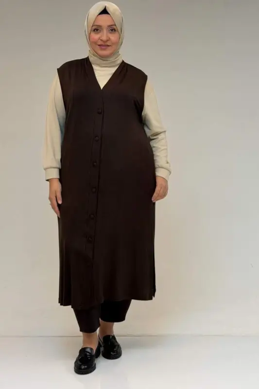 54017 Plus Size Buttoned Jersey Vest - Coffee - 1