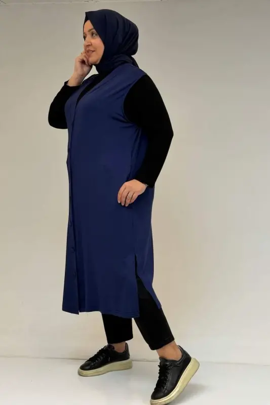 54017 Plus Size Coating Buttoned Go-Out Knitted Vest - Indigo - BÜYÜKBEDENIZ