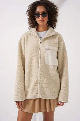 55446 Fermuarlı Oversize Peluş Ceket - Krem - 3