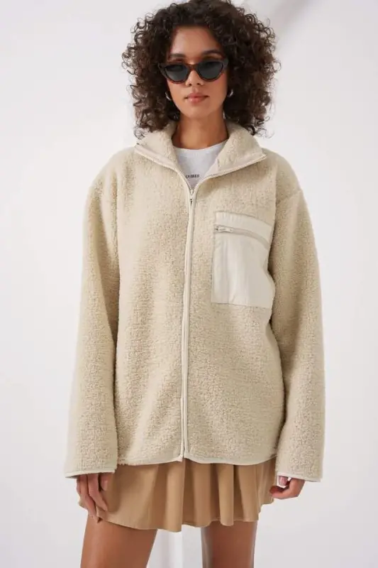 55446 Fermuarlı Oversize Peluş Ceket - Krem - 3