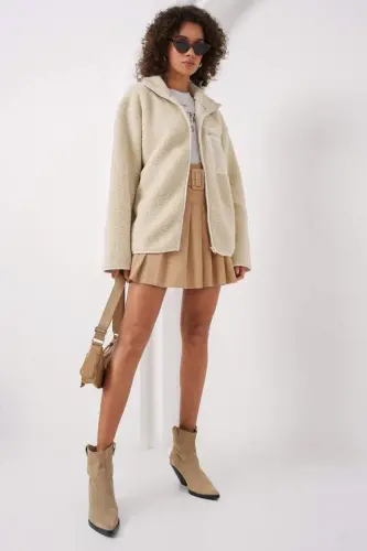 55446 Fermuarlı Oversize Peluş Ceket - Krem - BÜYÜKBEDENIZ (1)