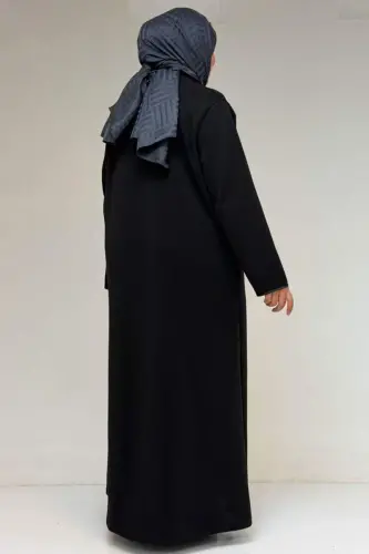56003 Büyük Beden Önden Fermuarlı Hakim Yaka Ferace - Siyah - 3