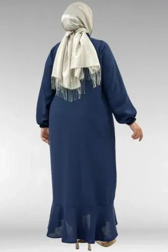 56010 Plus Size Flounced Ruffled Linen Abaya Dress - Navy Blue - 1