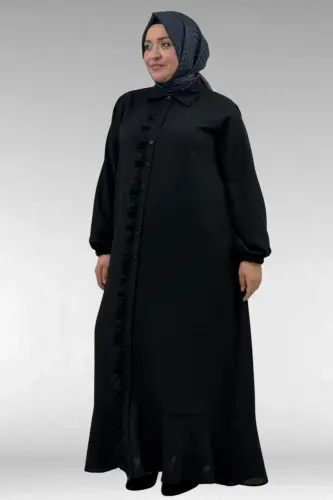 56010 Plus Size Flounced Ruffled Linen Ferace Dress - Black - 1