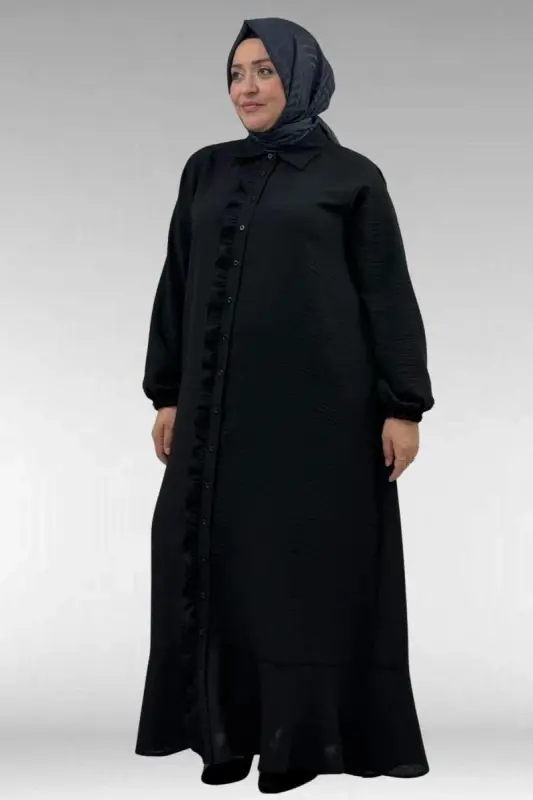 56010 Plus Size Flounced Ruffled Linen Ferace Dress - Black - BÜYÜKBEDENIZ