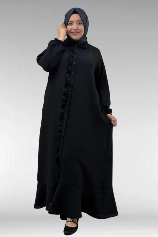 56010 Plus Size Flounced Ruffled Linen Ferace Dress - Black - 3