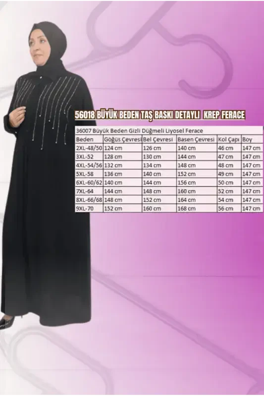 56018 Katta Hajmli Tosh Bosma Tafsilotli Krep Ferace - Qora - 2