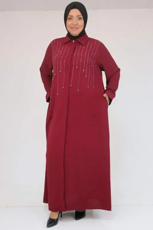 56018 Plus Size Stone Print Detailed Crepe Abaya - Bordeaux - BÜYÜKBEDENIZ