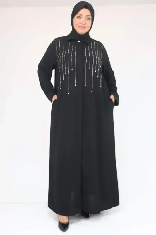 56018 Plus Size Stone Print Detailed Crepe Ferace - Black - BÜYÜKBEDENIZ