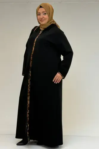 56019 Plus Size Zippered Steel Ferace with Biyeli Mandarin Collar - Black - 1