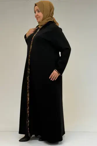 56019 Plus Size Zippered Steel Ferace with Biyeli Mandarin Collar - Black - BÜYÜKBEDENIZ (1)