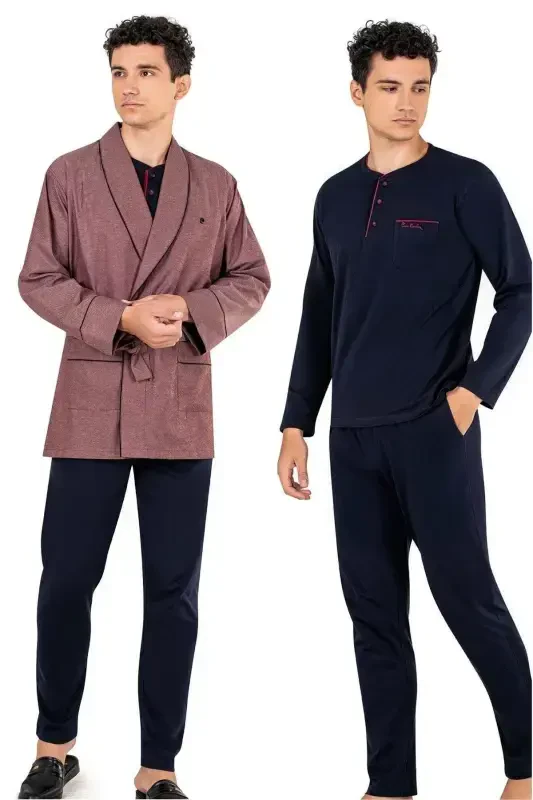 5610 Men's 3 Piece Robe Pajama Set Dowry Set-BORDEAUX - Modazone