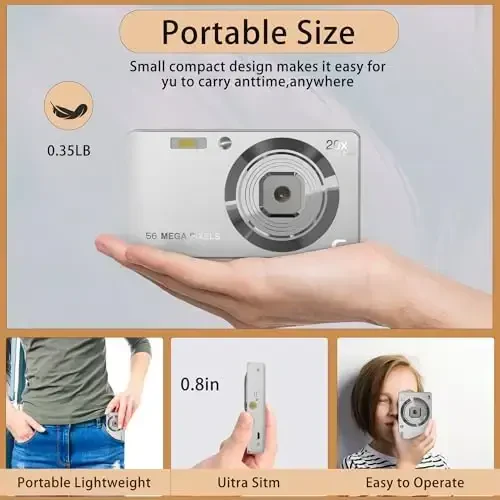 56MP FHD Digital Camera with 20X Digital Zoom & Autofocus, Anti-Shake Point and Shoot Camera for Kids Adults Beginners, Includes 32GB SD Card, Portable Compact for Travel - 6