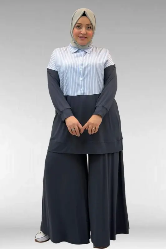 57016 Büyük Beden Erkek Yaka Kombinli Pantolonlu Takım - Antrasit-Mavi - BÜYÜKBEDENIZ