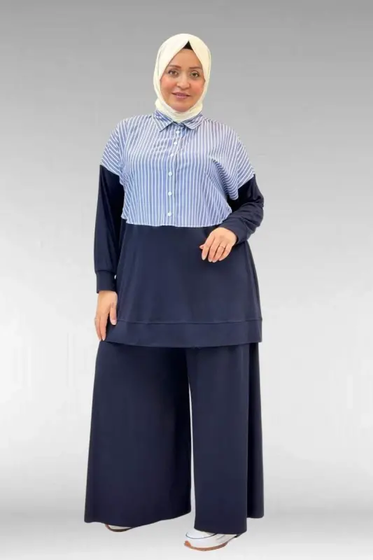 57016 Büyük Beden Erkek Yaka Kombinli Pantolonlu Takım - Lacivert -Lacivert - BÜYÜKBEDENIZ