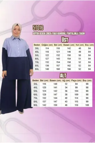 57016 Büyük Beden Erkek Yaka Kombinli Pantolonlu Takım - Lacivert-Mavi - 3
