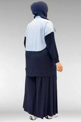 57016 Büyük Beden Erkek Yaka Kombinli Pantolonlu Takım - Lacivert-Mavi - 3