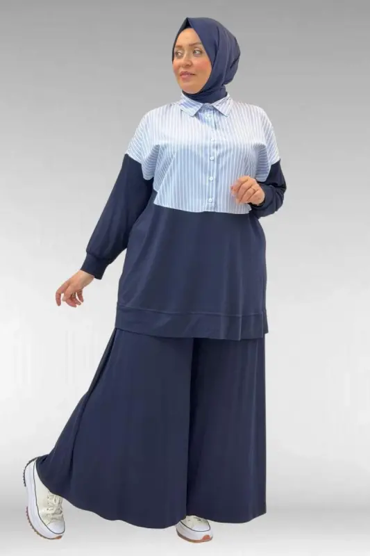 57016 Büyük Beden Erkek Yaka Kombinli Pantolonlu Takım - Lacivert-Mavi - BÜYÜKBEDENIZ