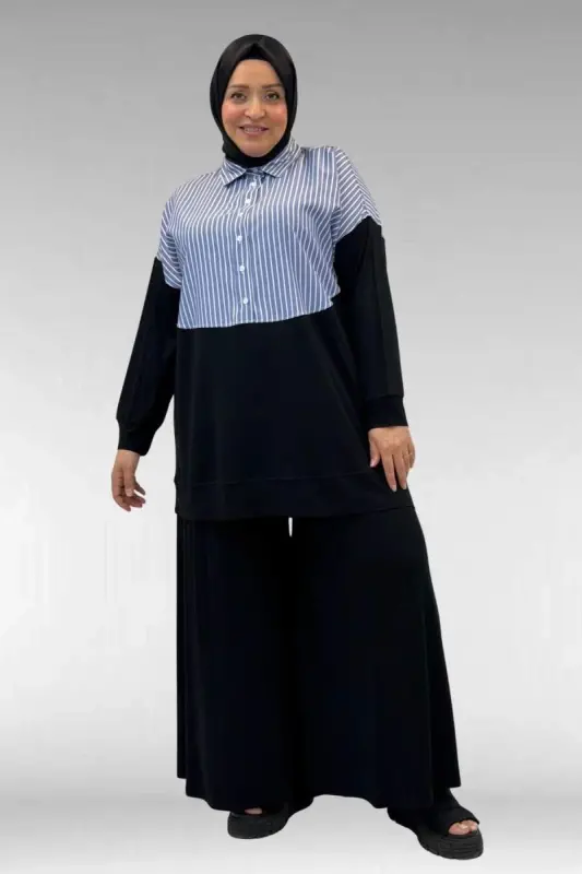 57016 Büyük Beden Erkek Yaka Kombinli Pantolonlu Takım - Siyah-Lacivert - BÜYÜKBEDENIZ