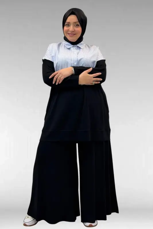 57016 Büyük Beden Erkek Yaka Kombinli Pantolonlu Takım - Siyah-Mavi - BÜYÜKBEDENIZ