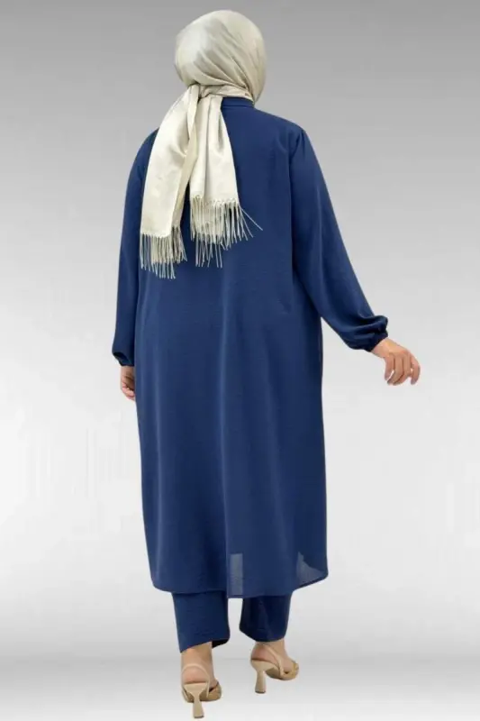 57018 Plus Size Elastic Cuffed Button-Down Airobin Pants Set - Navy Blue - BÜYÜKBEDENIZ