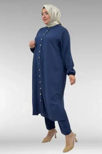 57018 Plus Size Elastic Cuffed Button-Down Airobin Pants Set - Navy Blue - BÜYÜKBEDENIZ (1)