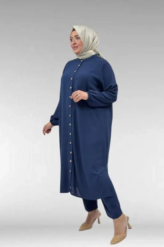 57018 Plus Size Elastic Cuffed Button-Down Airobin Pants Set - Navy Blue - 4