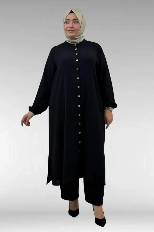 57018 Plus Size Elastic Cuffed Button-Down Airobin Trouser Set - Black - 3