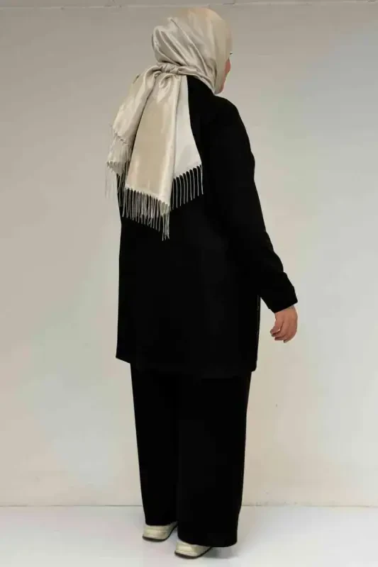 57038 Большой Размер Мужской Комплект с Модальными Брюками и Деталями на Пуговицах на Воротнике - Черный - 3