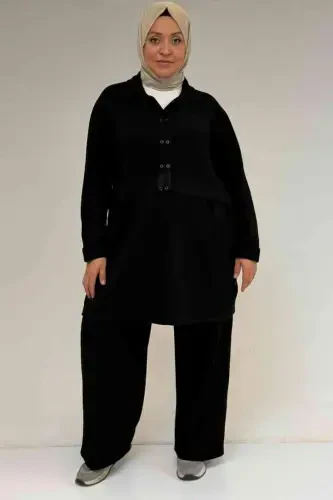 57038 Plus Size Men's Button Detail Modal Pants Set - Black - 1