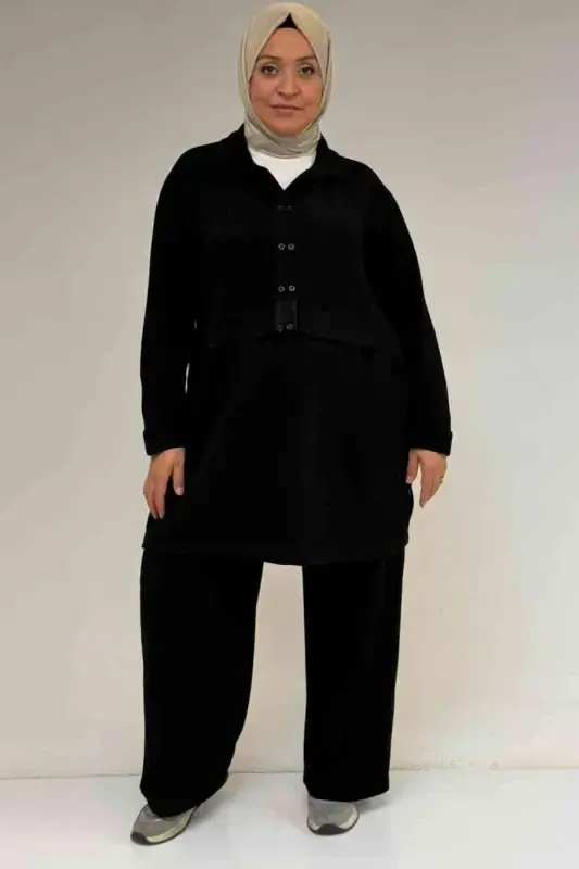 57038 Plus Size Men's Button Detail Modal Pants Set - Black - 1