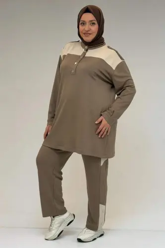 57042 Büyük Beden Yarım Patlı Çıtçıtlı Modal Pantolonlu Takım - Vizon - 1