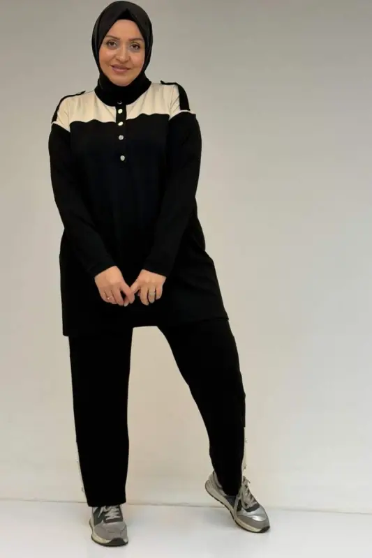 57042 Plus Size Half Button Snap Fastener Modal Pants Set - Black - BÜYÜKBEDENIZ